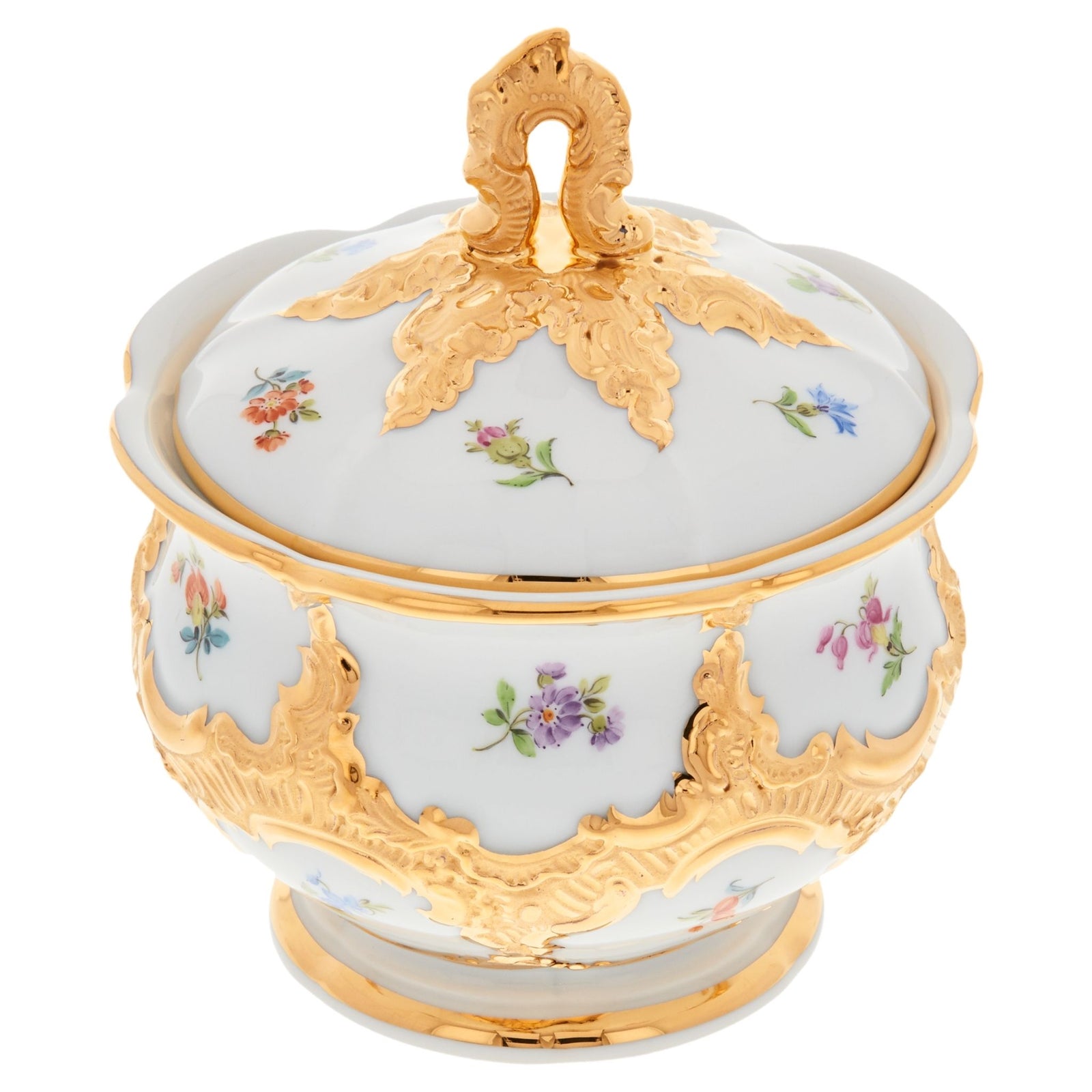 Zuckerdose "B-Form Goldbronze", gestreute Blümchen